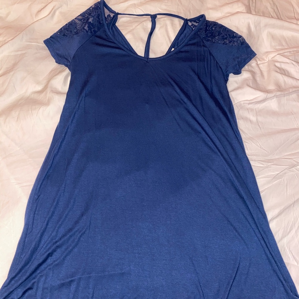 Navy Blue Lace Shoulder Flowy Dress